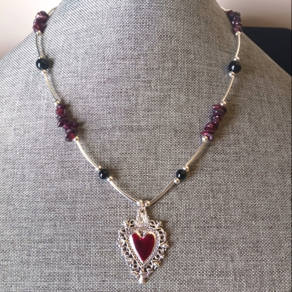 Handmade Sacred Heart Necklace w/ Garnets and Black Agate - New Item (17"-20") - Picture 1 of 5